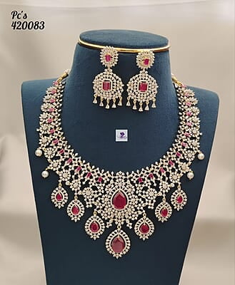 Diamond Finish Necklace Set With Pink Stones