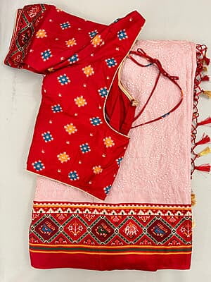 V210: Ready To Ship Designer georgette chikankari patola saree with stitched blouse