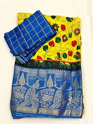 B2014: Ready To Ship Jute Silk Kalamkari Saree it Comes With Unstitched Blouse And Fall Pico