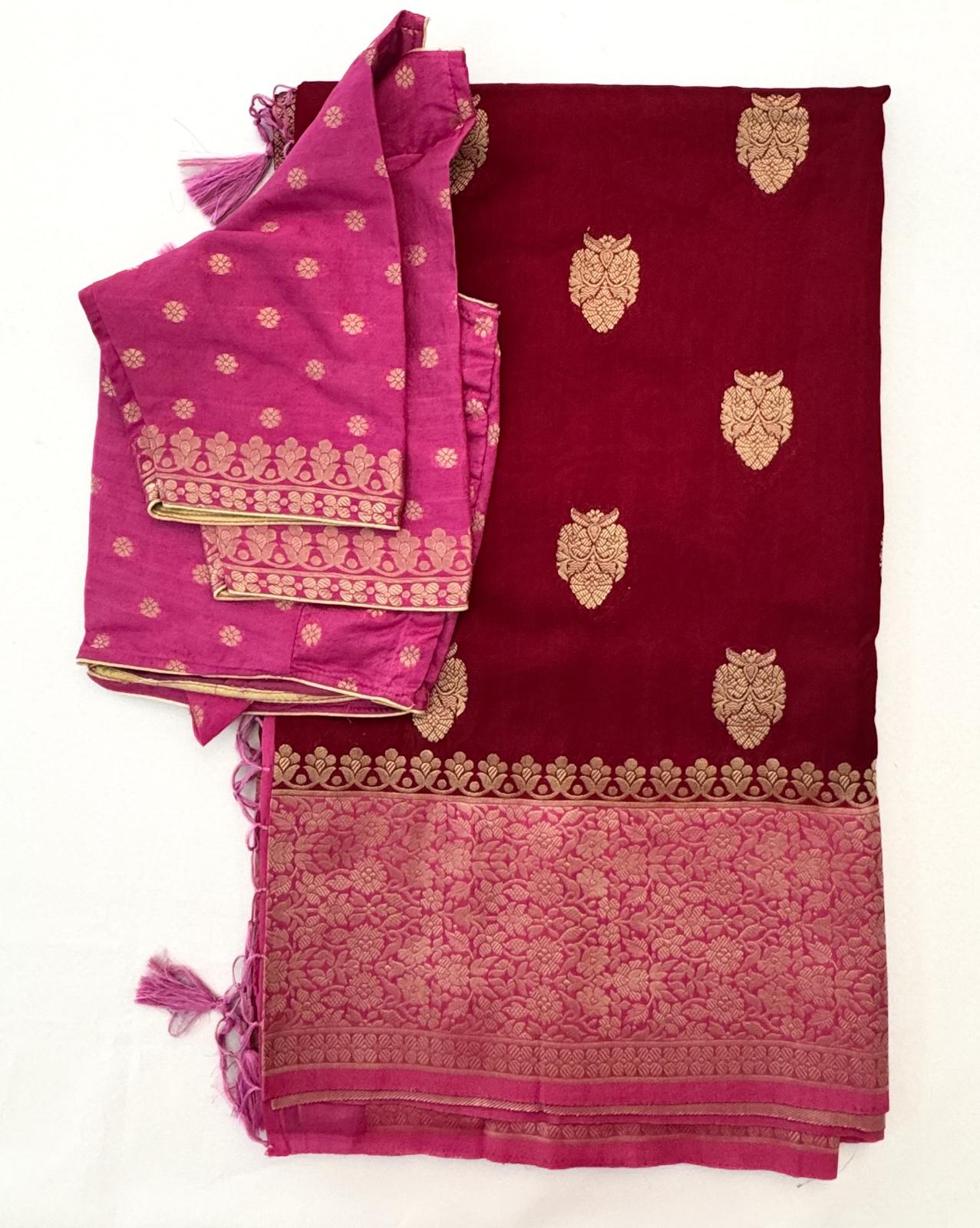 C004: Ready To Ship Banarasi Soft Silk Saree With Stitched Blouse