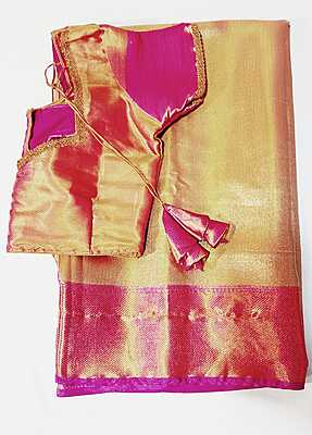 P563: Ready To Ship Beautiful Banarasi Soft Tissue Silk Saree With Stitched Blouse