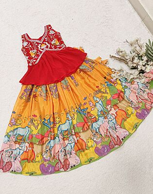 P173: Beautiful Designer Georgette Kids Kalamkari Lehenga Set