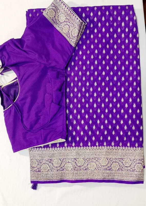 P569: Ready To Ship Beautiful Banarasi Georgette Saree With Stitched Blouse P569: Ready To Ship Beautiful Banarasi Georgette Saree With Stitched Blouse