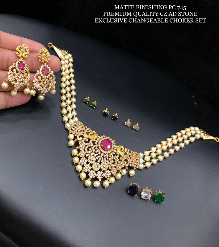 V728: Beautiful Matte Finishing Premium Quality CZ AD Stone Choker Set