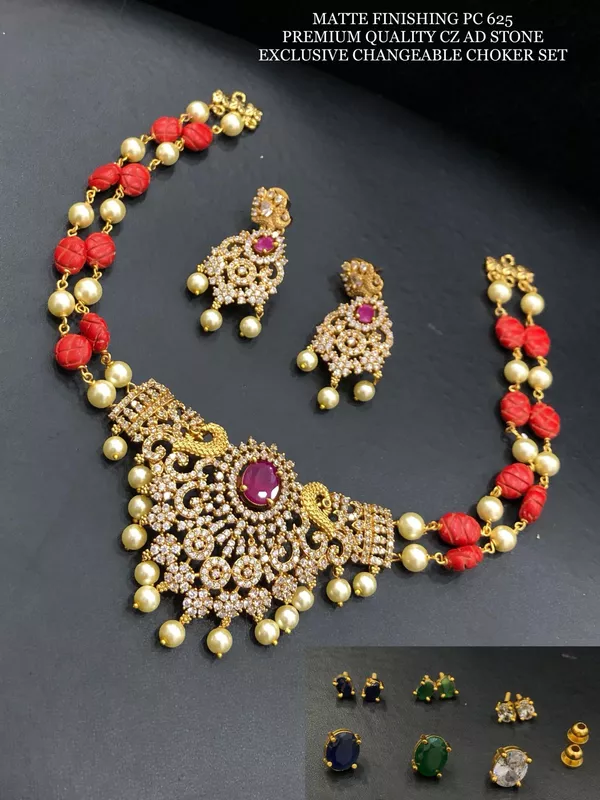V730: Beautiful Matte Finishing Premium Quality CZ AD Stone Changable Choker Set