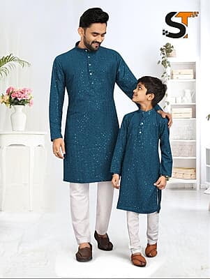 B301: Father And Son Chickankari Kurta Pajama Set