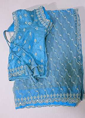 P570: Ready To Ship Beautiful Designer Pure Chinnon Silk Saree With Stitched Blouse