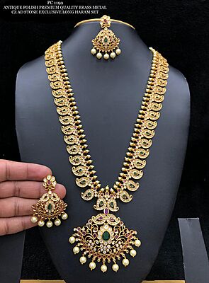 V783: Beautiful Antique Polish Premium Quality Brass Metal CZ Stone Long Haram  Set