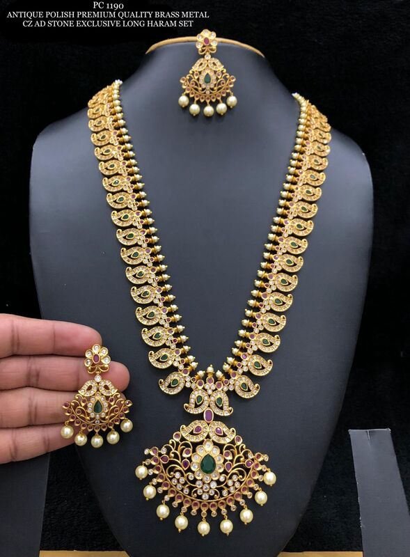V783: Beautiful Antique Polish Premium Quality Brass Metal CZ Stone Long Haram  Set