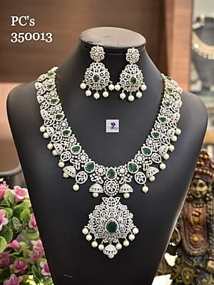 Diamond Finish Necklace Set With Green Stones And Pearls