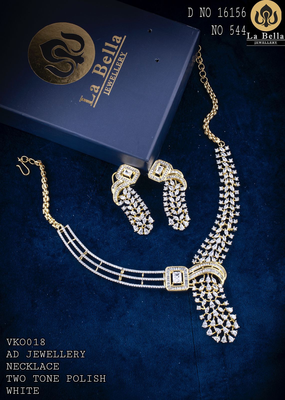 V849: Beautiful Two Tone Polish AD White Stone Necklace Set
