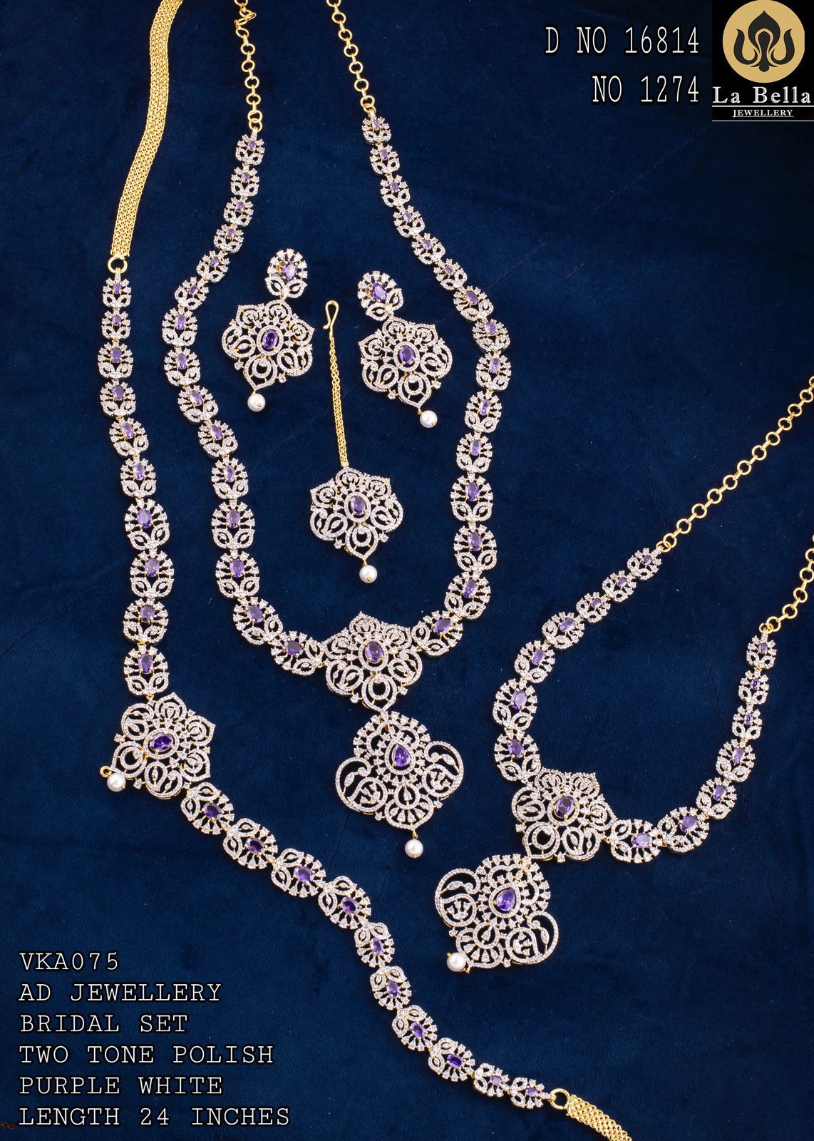 V850: Beautiful Two Tone Polish Purple AD Stone Bridal Set