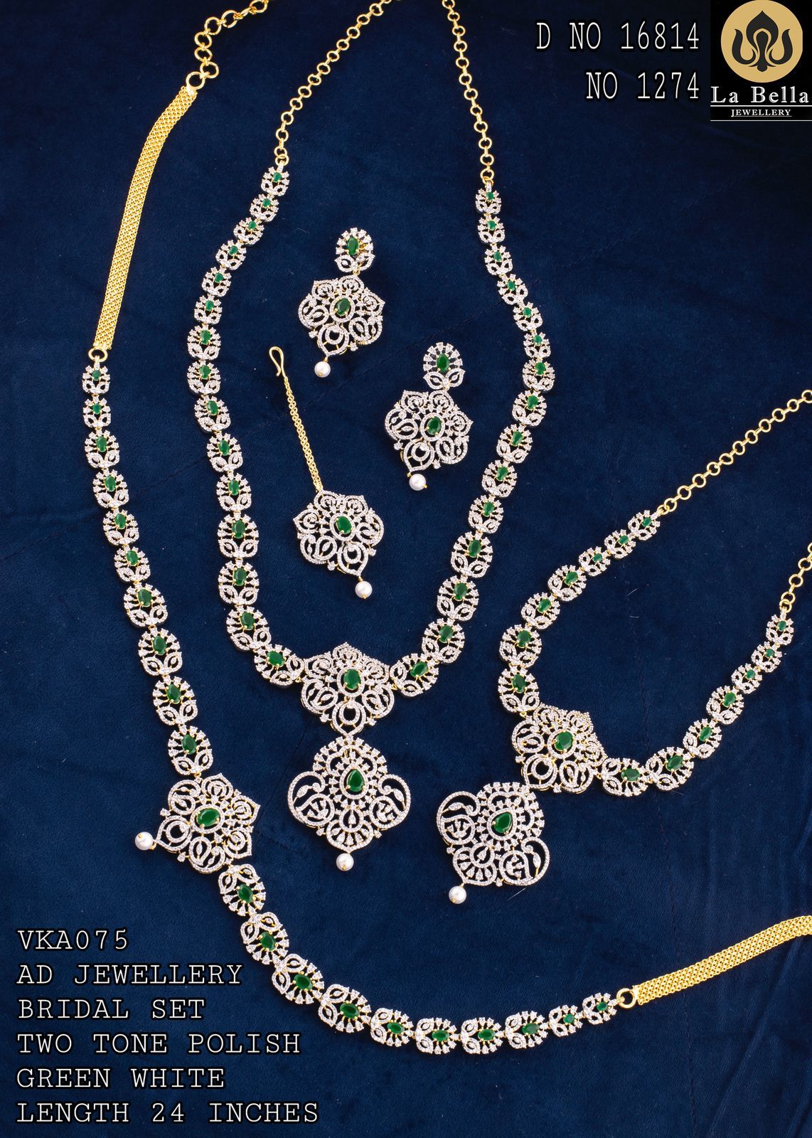 V851: Beautiful Two Tone Polish Green AD Stone Bridal Set