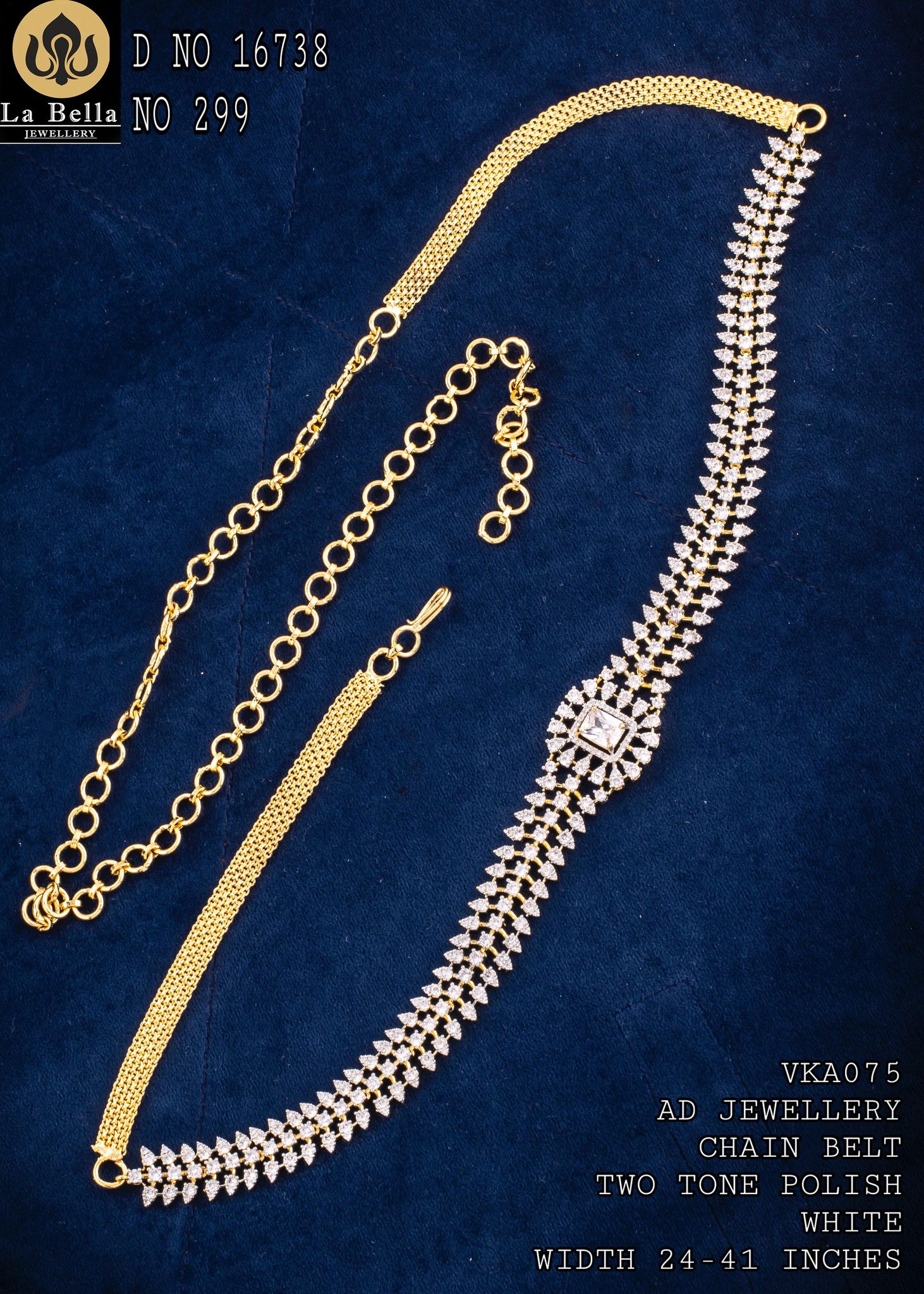 V852: Beautiful Two Tone Polish White AD Stone Waist Belt