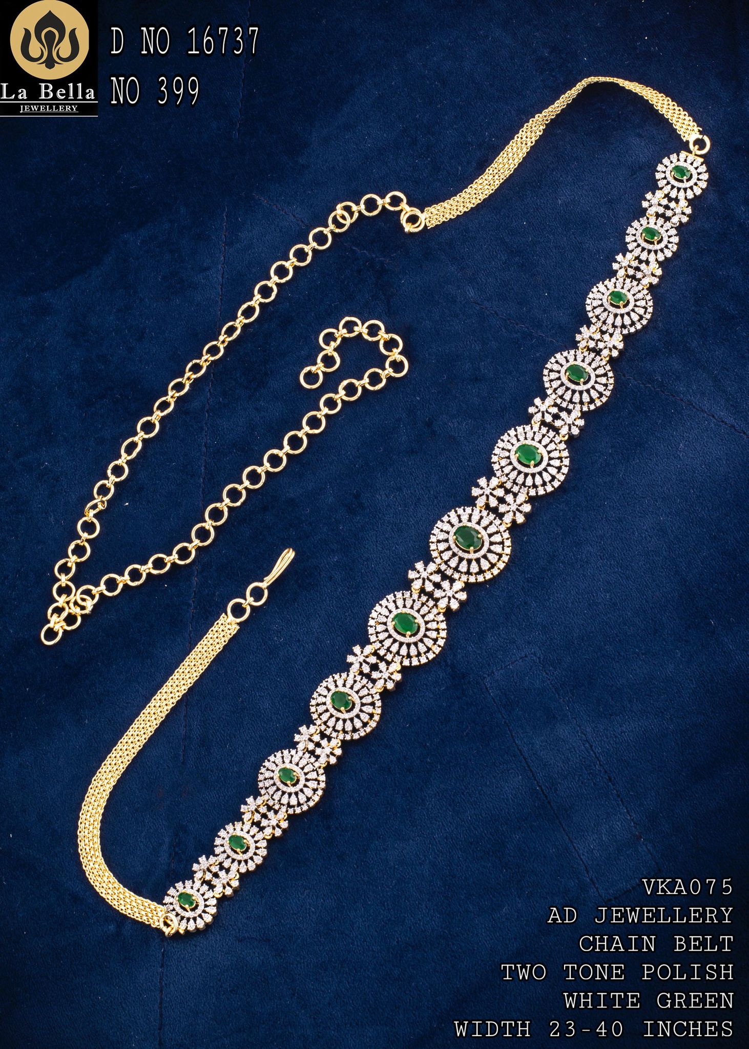 V855: Beautiful Two Tone Polish Green AD Stone Waist Belt