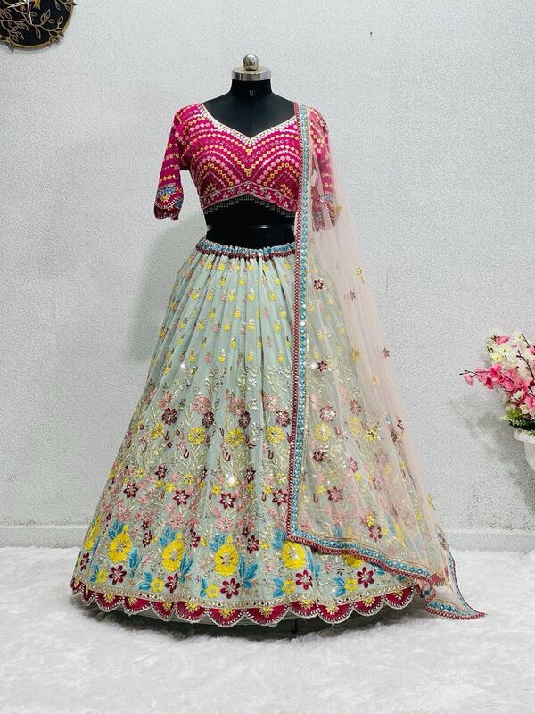 P704: Beautiful Bridal Wear Mirror Work Lehanga Sets