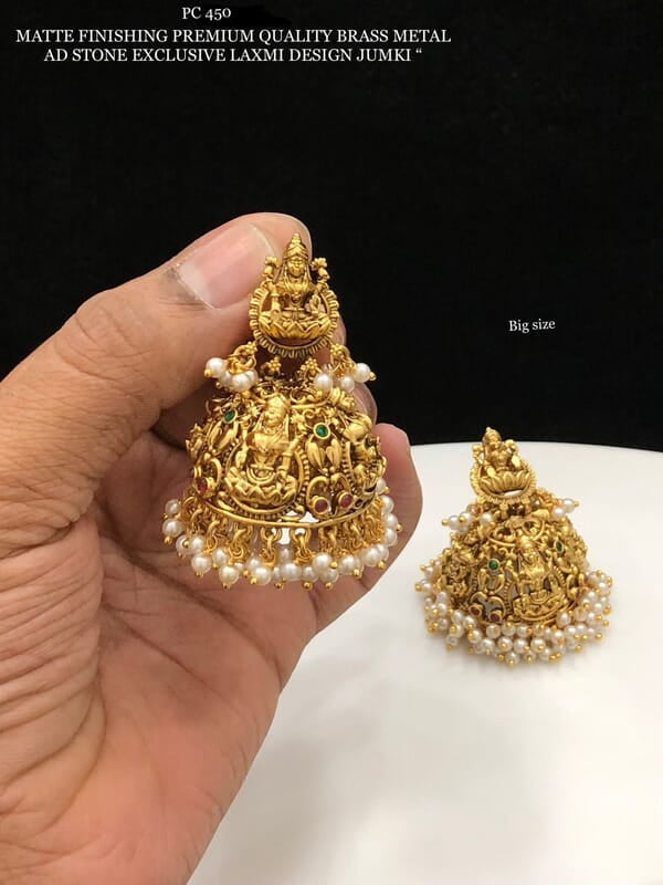 V347: Beautiful Matt Finishing  Premium Quality Brass Metal AD Stone Laxmi Desgin Jumki