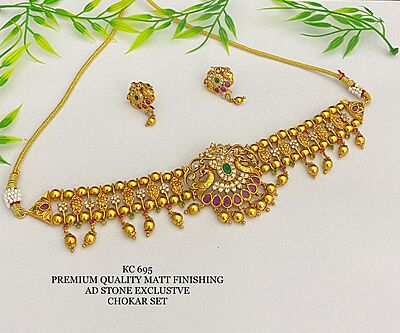 V412: Beautiful Premium Quality Matt Finishing AD Stone Choker Set